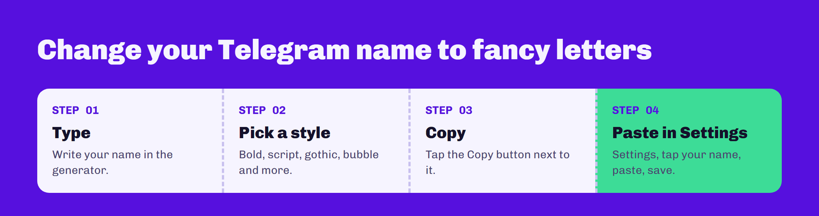 Letras Para Telegram Bonitas: Fancy Fonts to Copy and Paste (2026) 2 Four steps to change your Telegram name to fancy letters: type, pick a style, copy and paste in Telegram settings